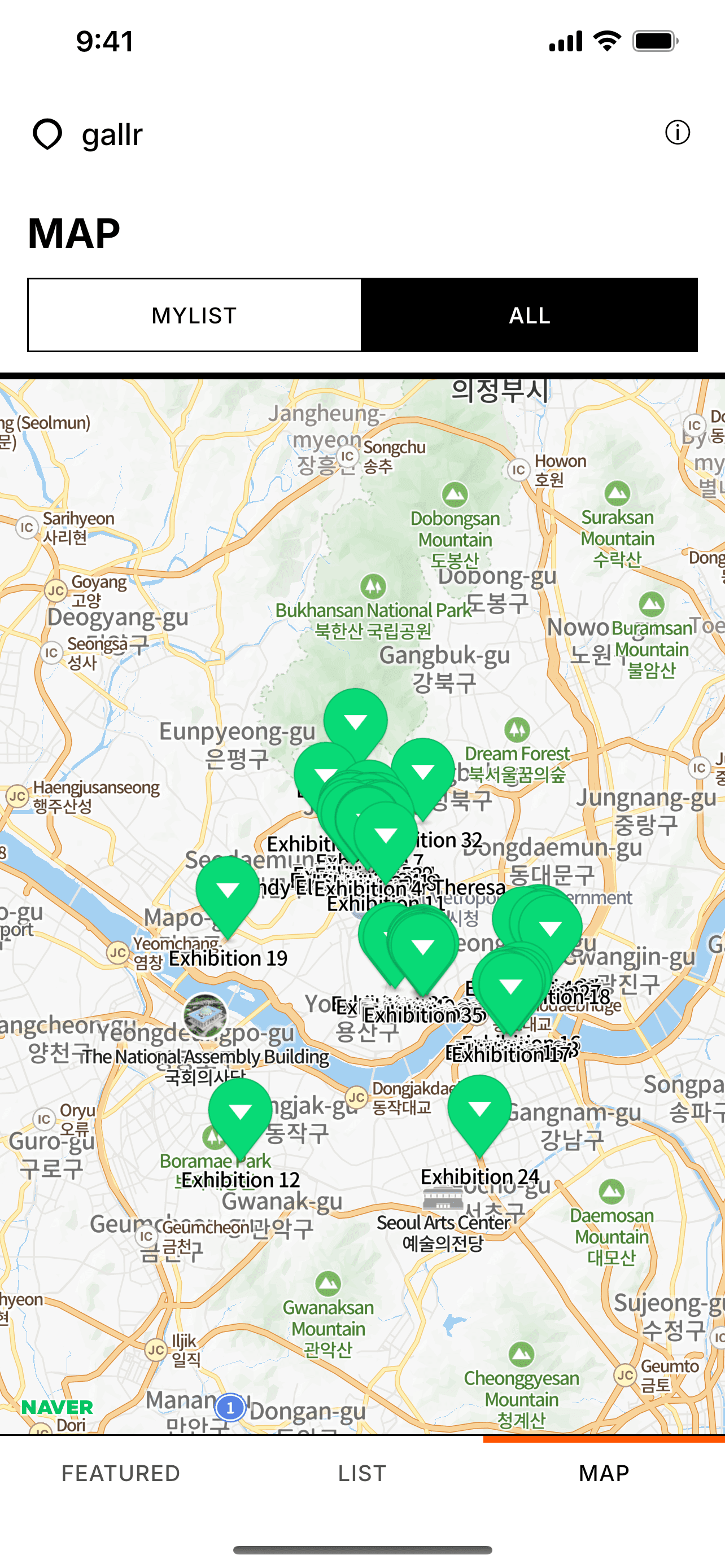 Gallr map view showing exhibitions across Seoul